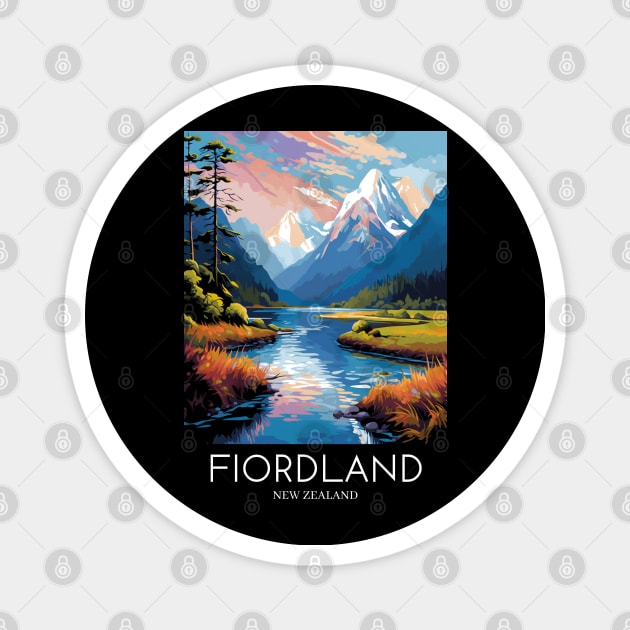 A Pop Art Travel Print of Fiordland National Park - New Zealand Magnet by Studio Red Koala